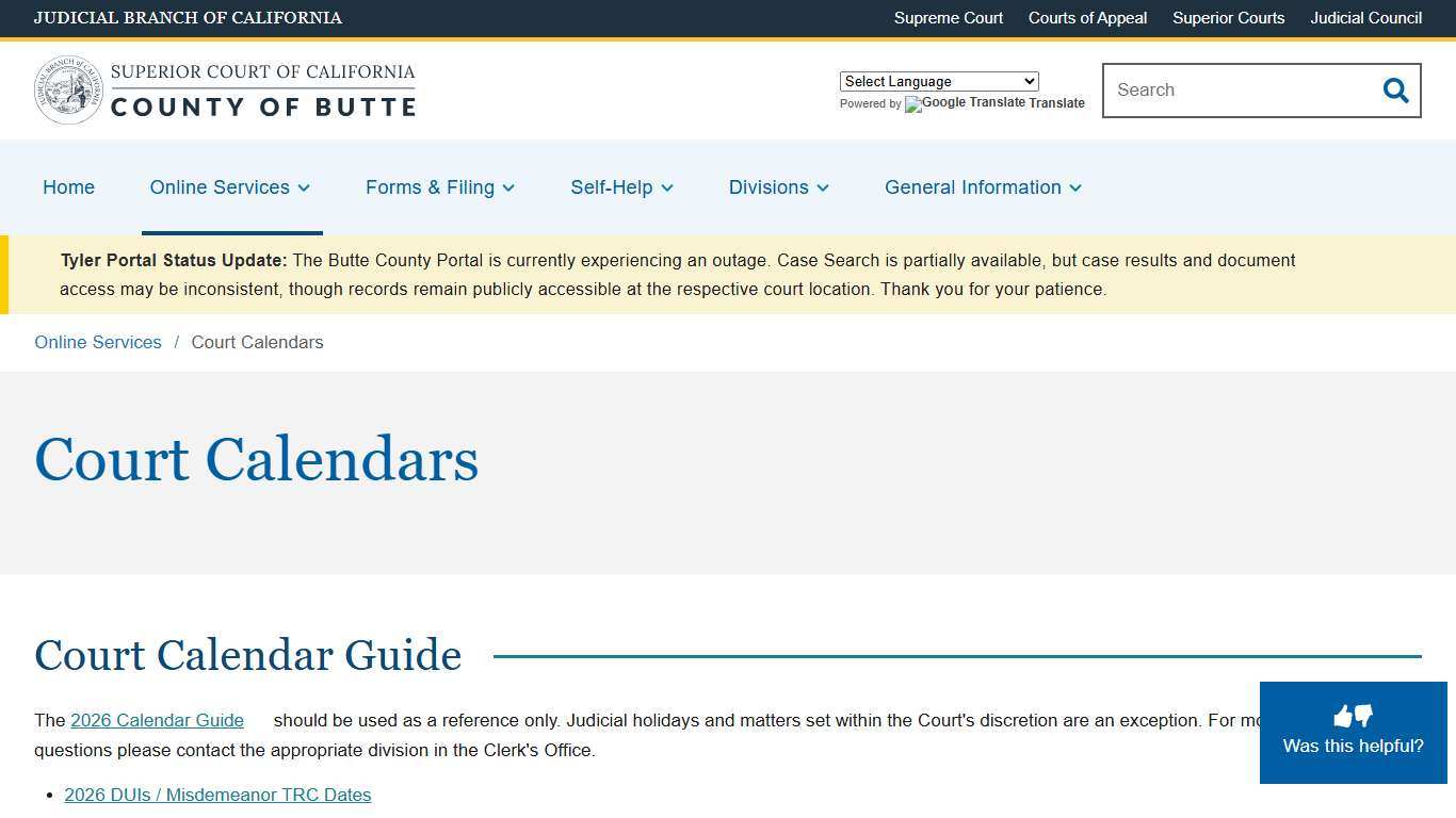 Court Calendars Superior Court of California County of Butte